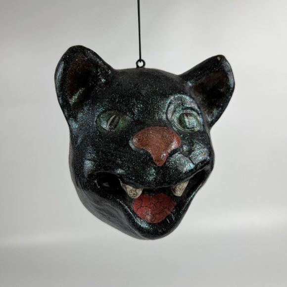 Vtg Folk Art Paper Mache Creepy Hissing Cat‎ Head Ornament Macabre Decor - Picture 7 of 14